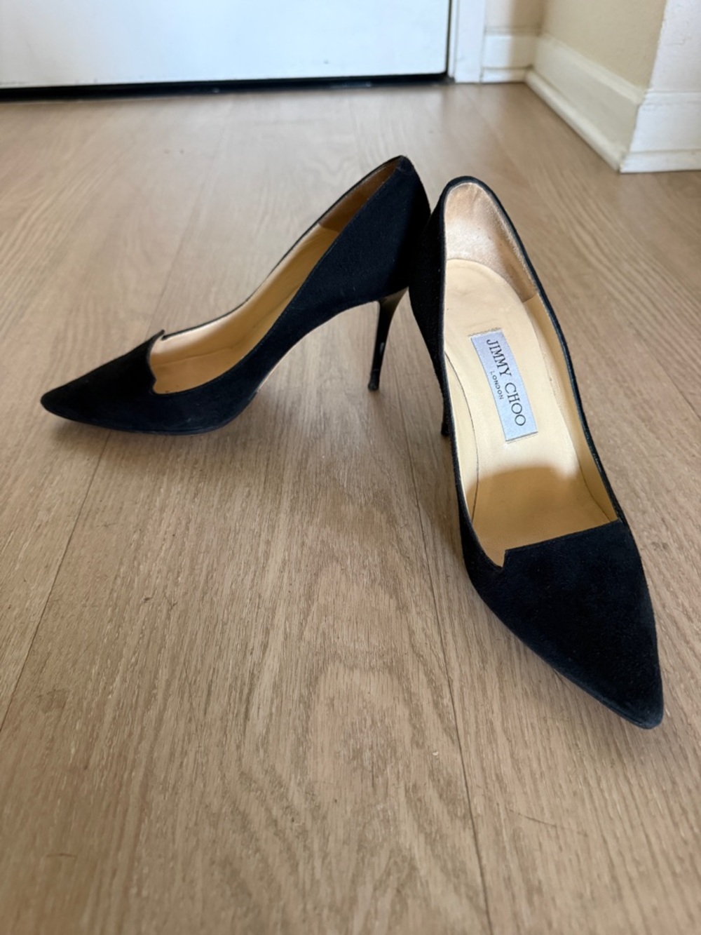 Jimmy Choo London Black Suede Pointed Toe Stiletto Heels Pumps Size 36.5 Italy